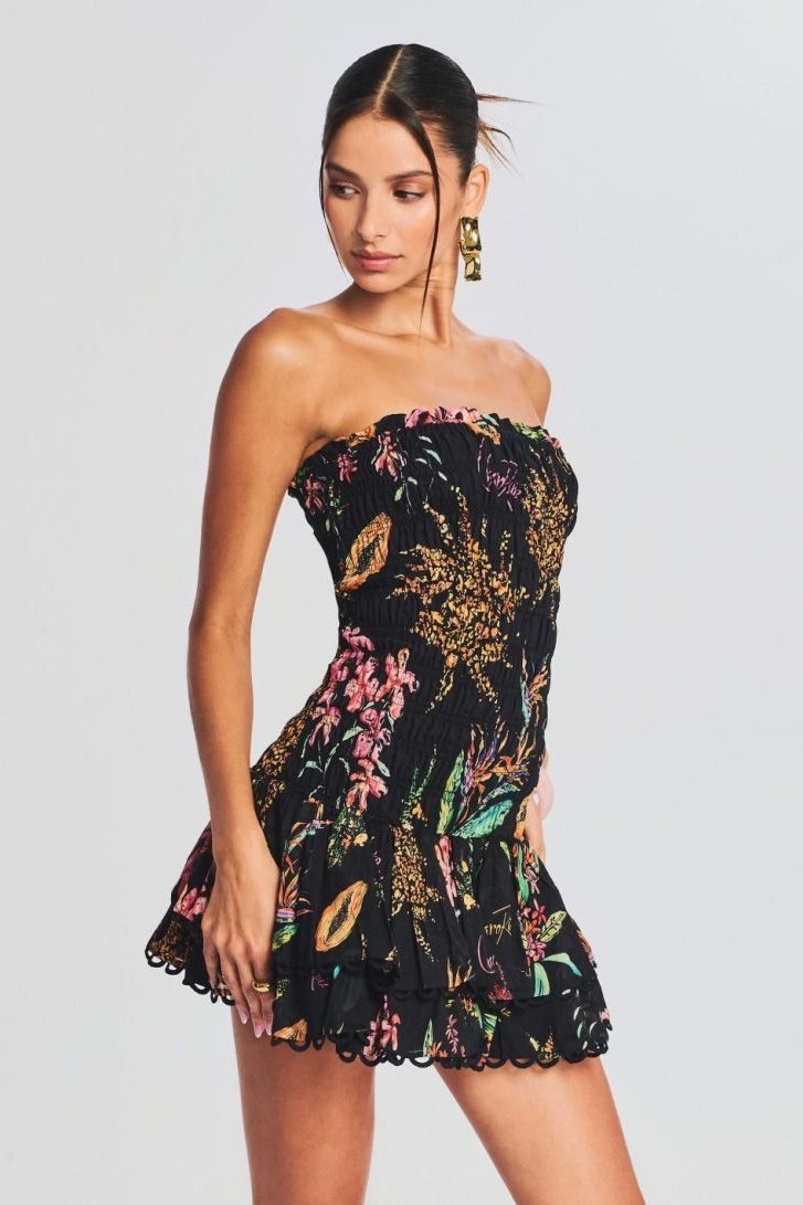 Strapless Embroidered Mini Dress | Elegant | Ruffled Hem