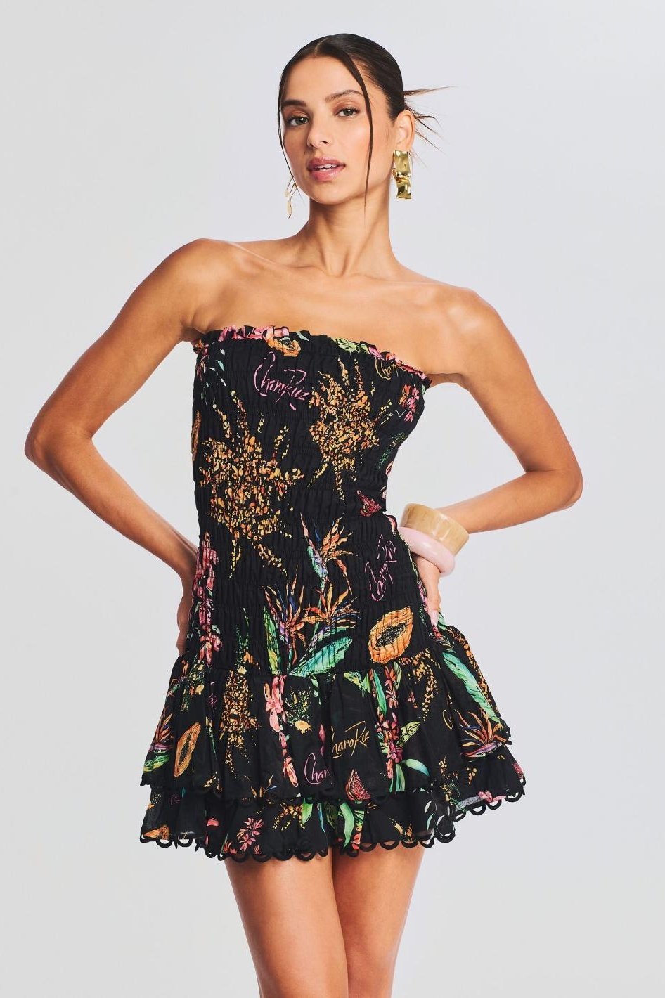 Strapless Embroidered Mini Dress | Elegant | Ruffled Hem