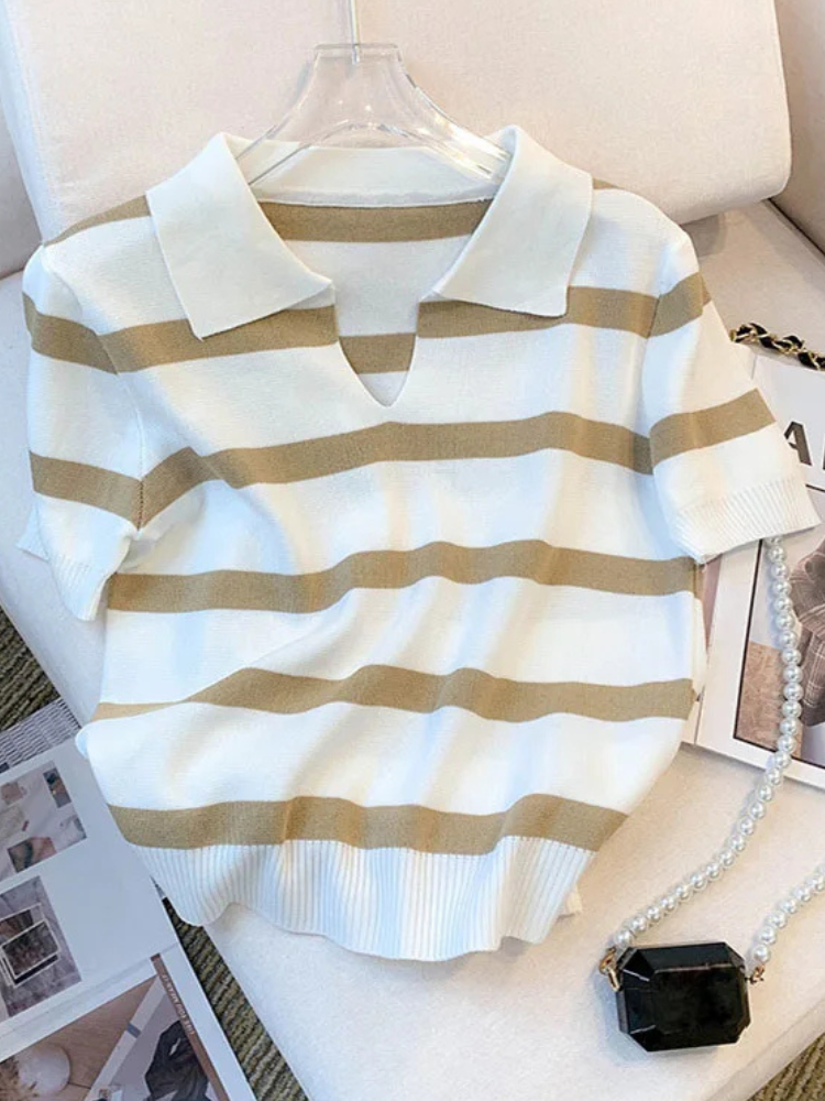 Straya | Women’s Knit Top | Striped Collared Crop