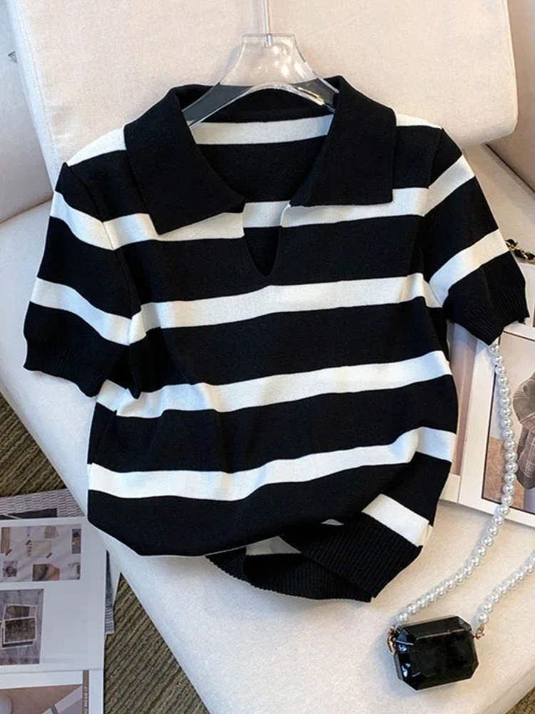 Straya | Women’s Knit Top | Striped Collared Crop