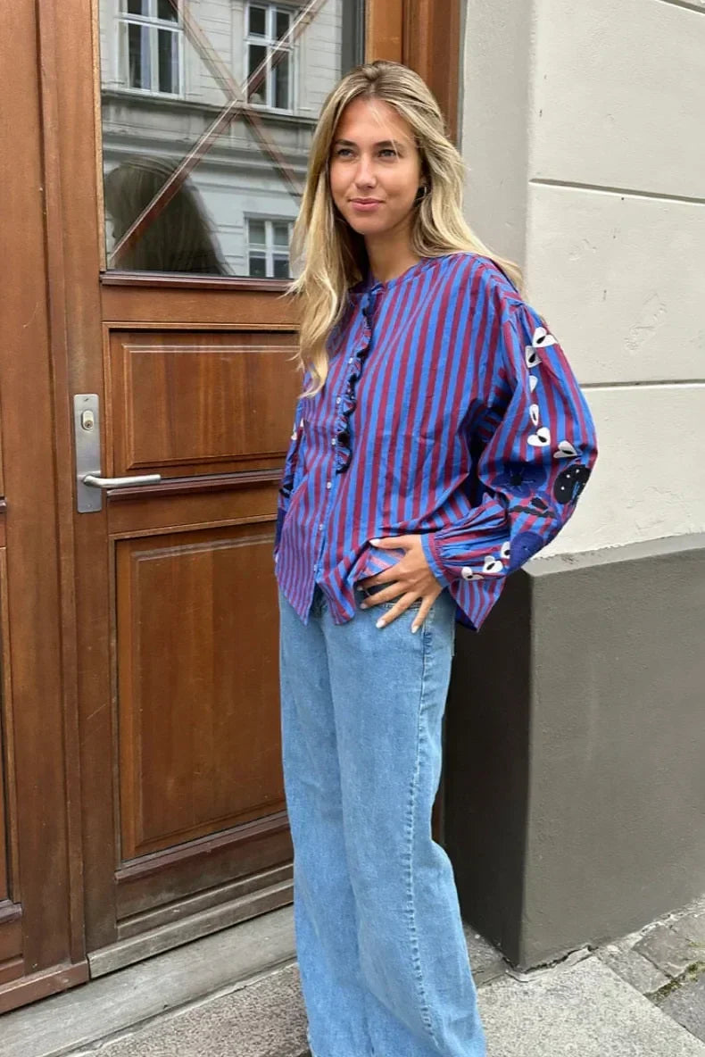 Striped Oversized Blouse | Embroidered Sleeves | Relaxed Fit