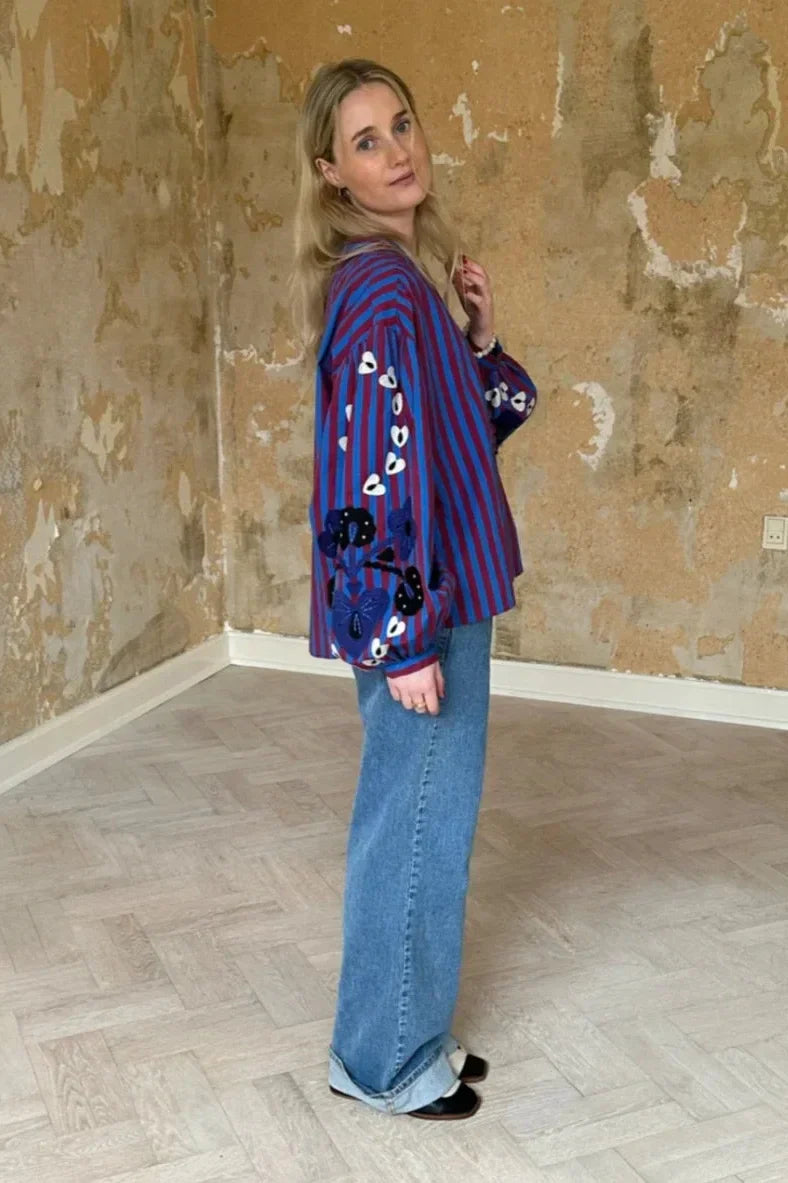 Striped Oversized Blouse | Embroidered Sleeves | Relaxed Fit