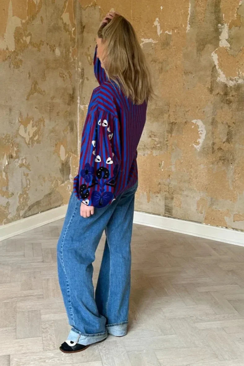 Striped Oversized Blouse | Embroidered Sleeves | Relaxed Fit