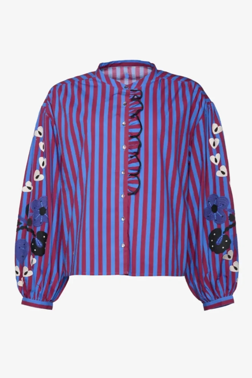 Striped Oversized Blouse | Embroidered Sleeves | Relaxed Fit