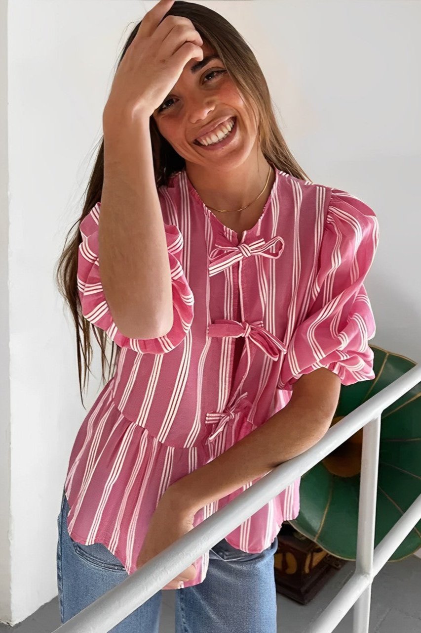 Striped Peplum Blouse | Lace-Up Front | Playful & Feminine