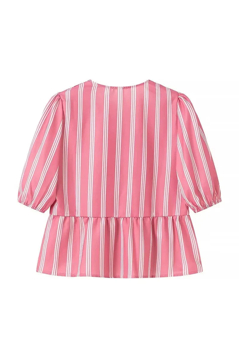 Striped Peplum Blouse | Lace-Up Front | Playful & Feminine