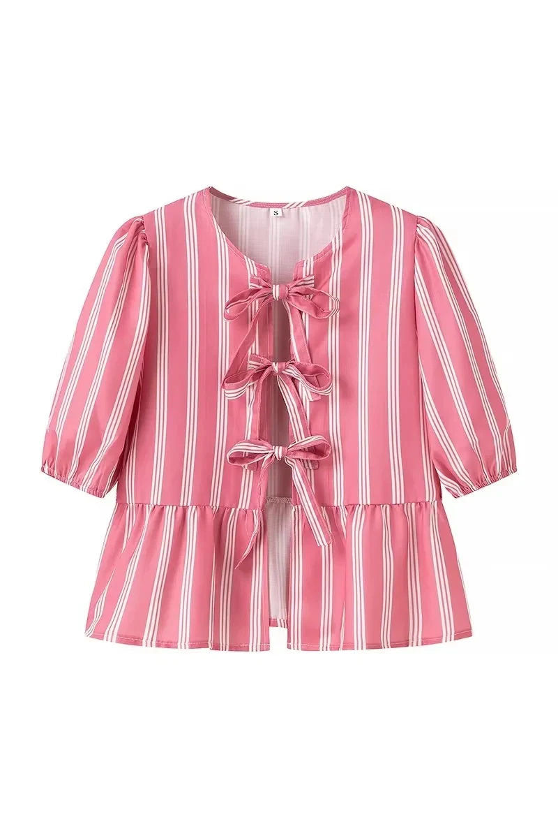 Striped Peplum Blouse | Lace-Up Front | Playful & Feminine