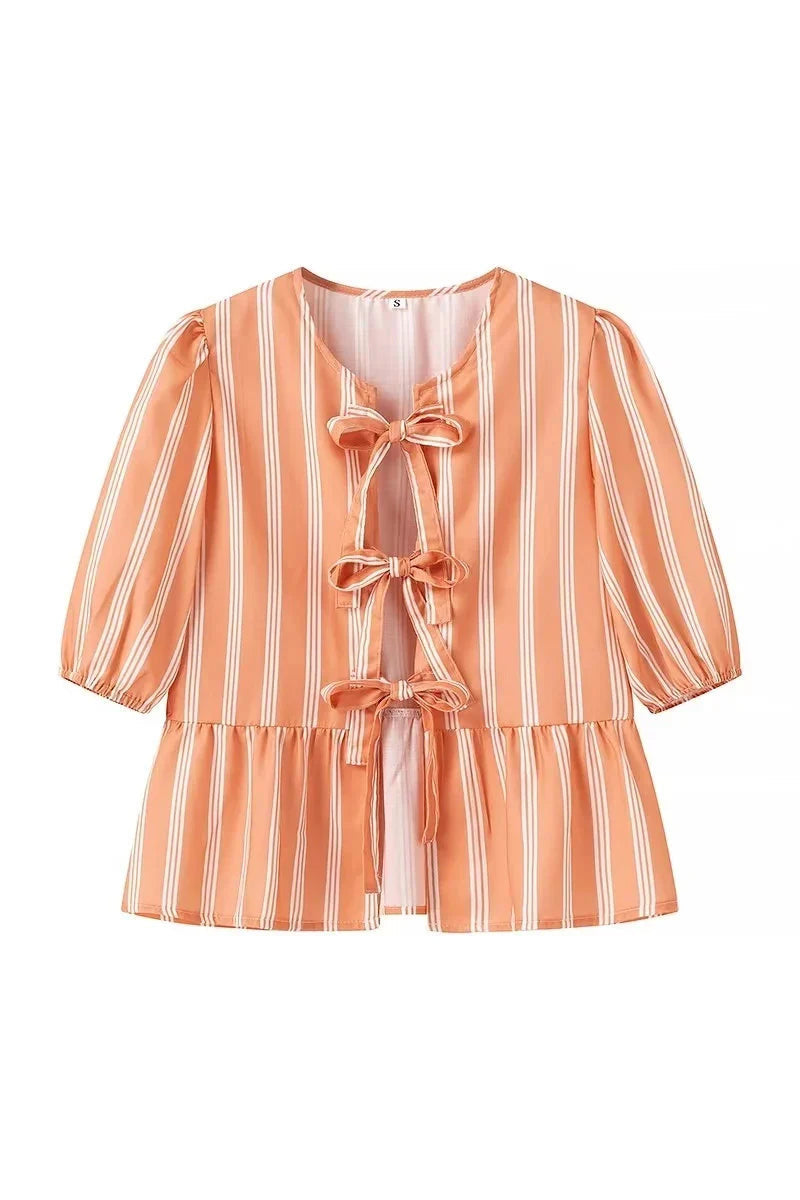 Striped Peplum Blouse | Lace-Up Front | Playful & Feminine