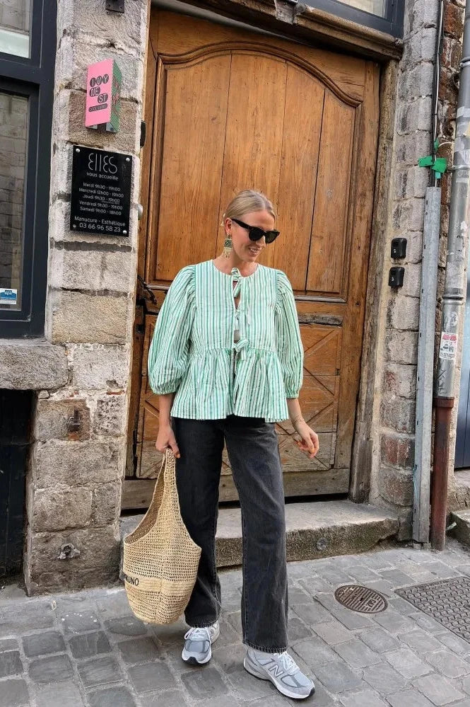 Striped Peplum Blouse | Tie-Front & Balloon Sleeves | Effortlessly Chic