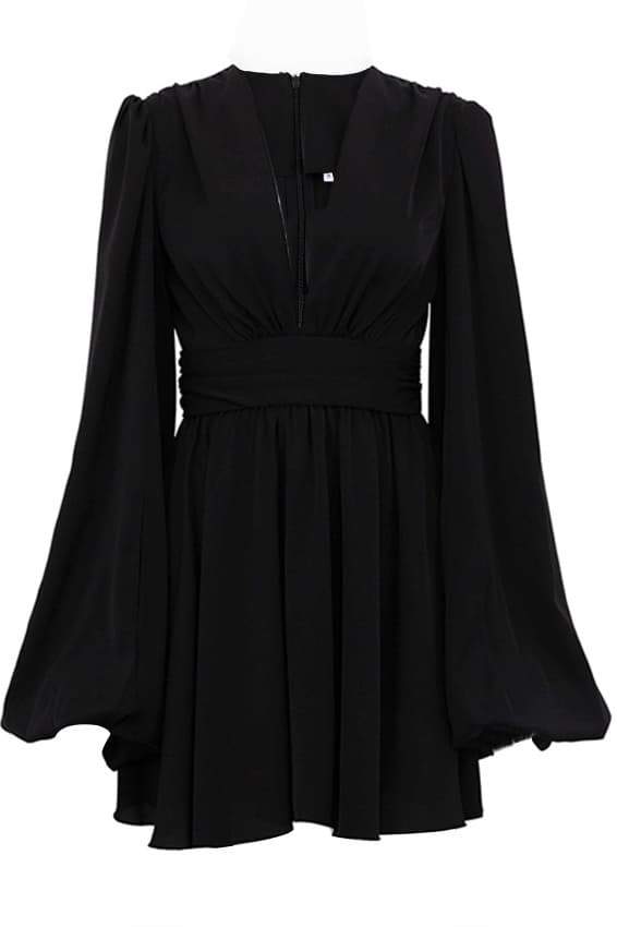 Elegant Flowy Mini Dress | Black & White | Deep V-Neck & Statement Sleeves