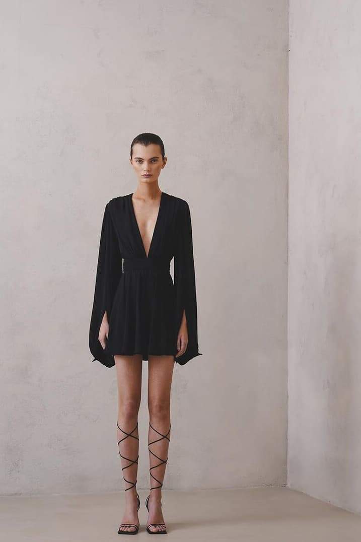 Elegant Flowy Mini Dress | Black & White | Deep V-Neck & Statement Sleeves