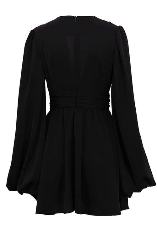 Elegant Flowy Mini Dress | Black & White | Deep V-Neck & Statement Sleeves