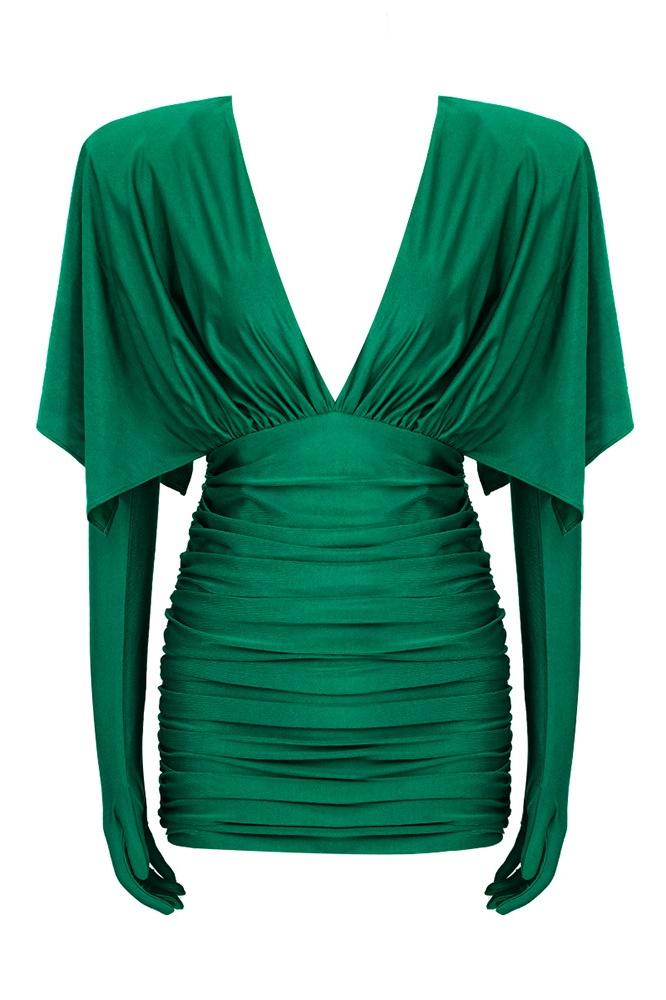 Deep V-Neck Ruched Mini Dress | Bold & Elegant | Draped Sleeves