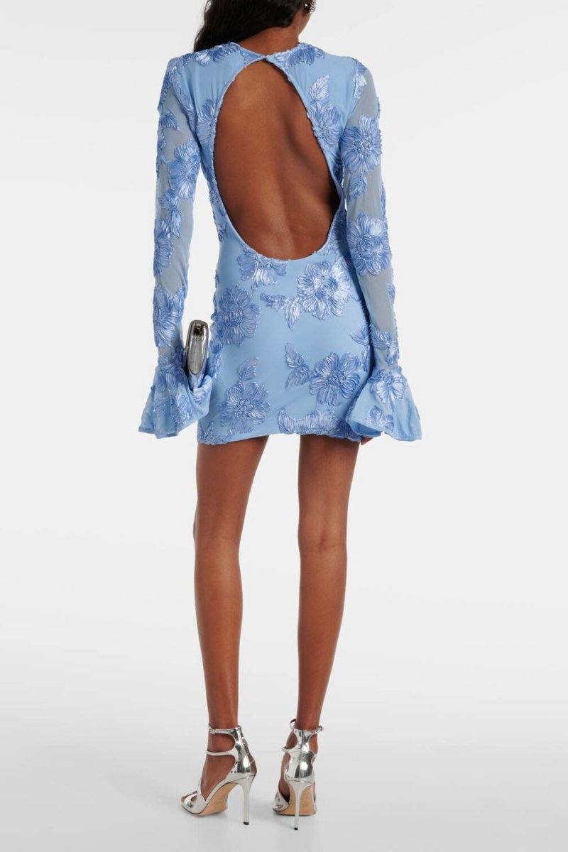 Floral Jacquard Mini Dress | Elegant & Modern | Open Back