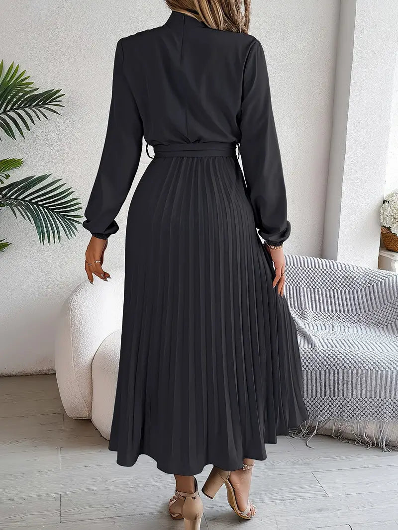 Women’s Pleated Midi Dress – Adjustable Belted Waist