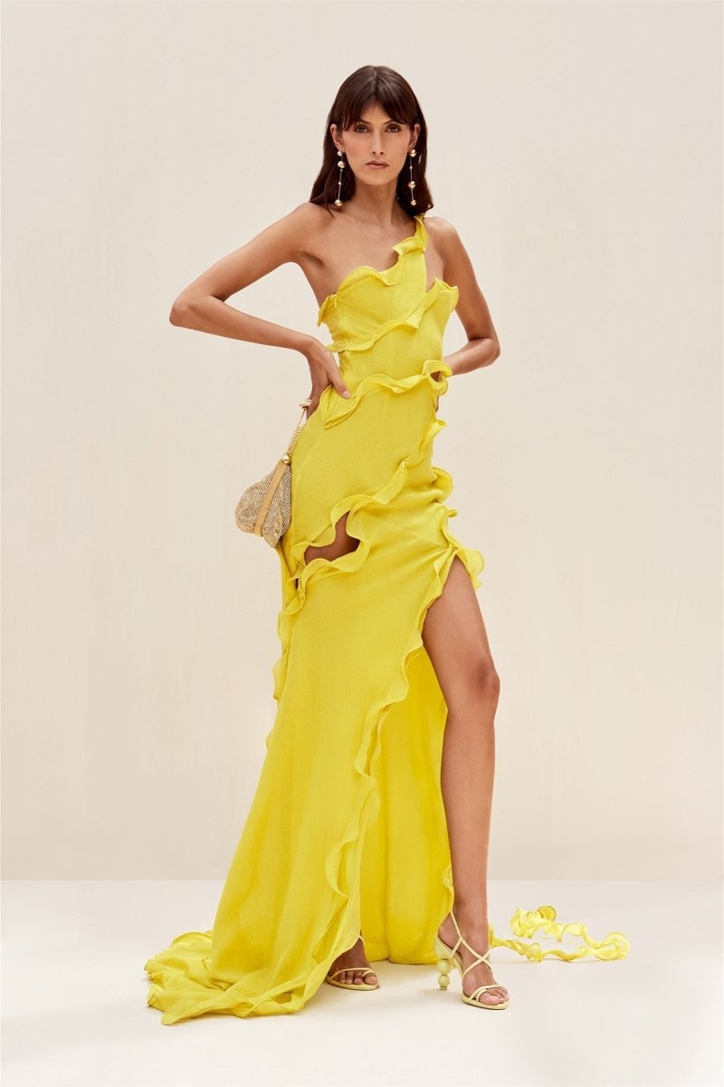 Yellow One-Shoulder Gown | Dramatic | High-Slit & Ruffle Detail