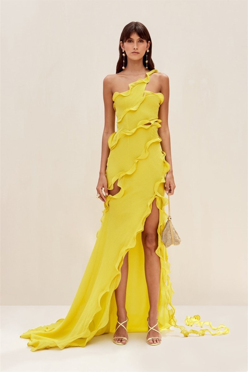 Yellow One-Shoulder Gown | Dramatic | High-Slit & Ruffle Detail