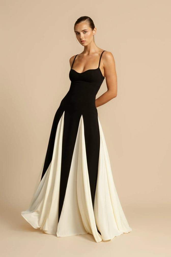 Women’s Two-Tone Evening Dress | Elegant & Dramatic | Flowing Contrast Panel Skirt