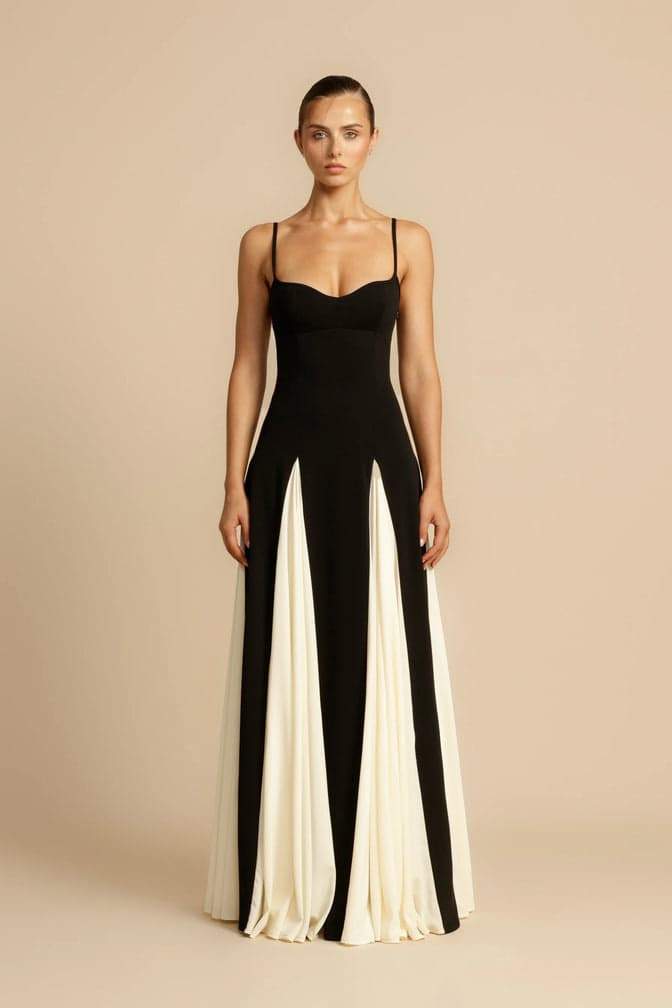 Women’s Two-Tone Evening Dress | Elegant & Dramatic | Flowing Contrast Panel Skirt