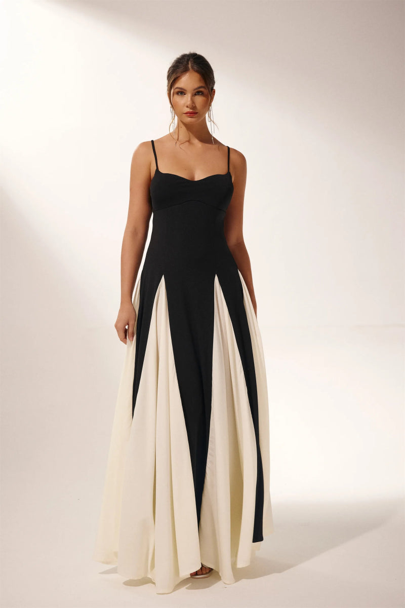Women’s Two-Tone Evening Dress | Elegant & Dramatic | Flowing Contrast Panel Skirt