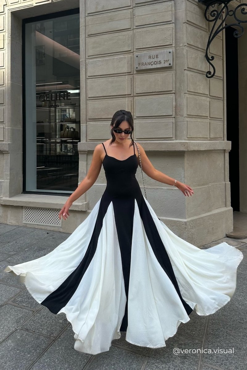 Women’s Two-Tone Evening Dress | Elegant & Dramatic | Flowing Contrast Panel Skirt