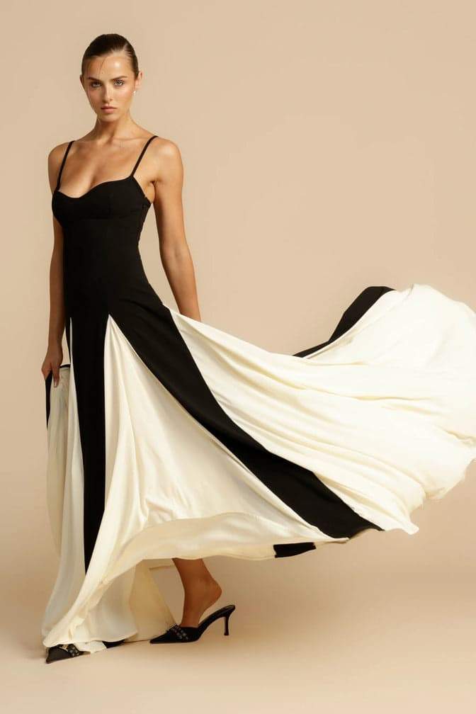 Women’s Two-Tone Evening Dress | Elegant & Dramatic | Flowing Contrast Panel Skirt