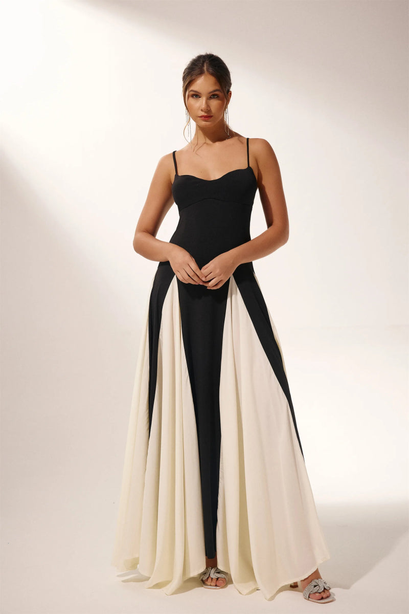 Women’s Two-Tone Evening Dress | Elegant & Dramatic | Flowing Contrast Panel Skirt