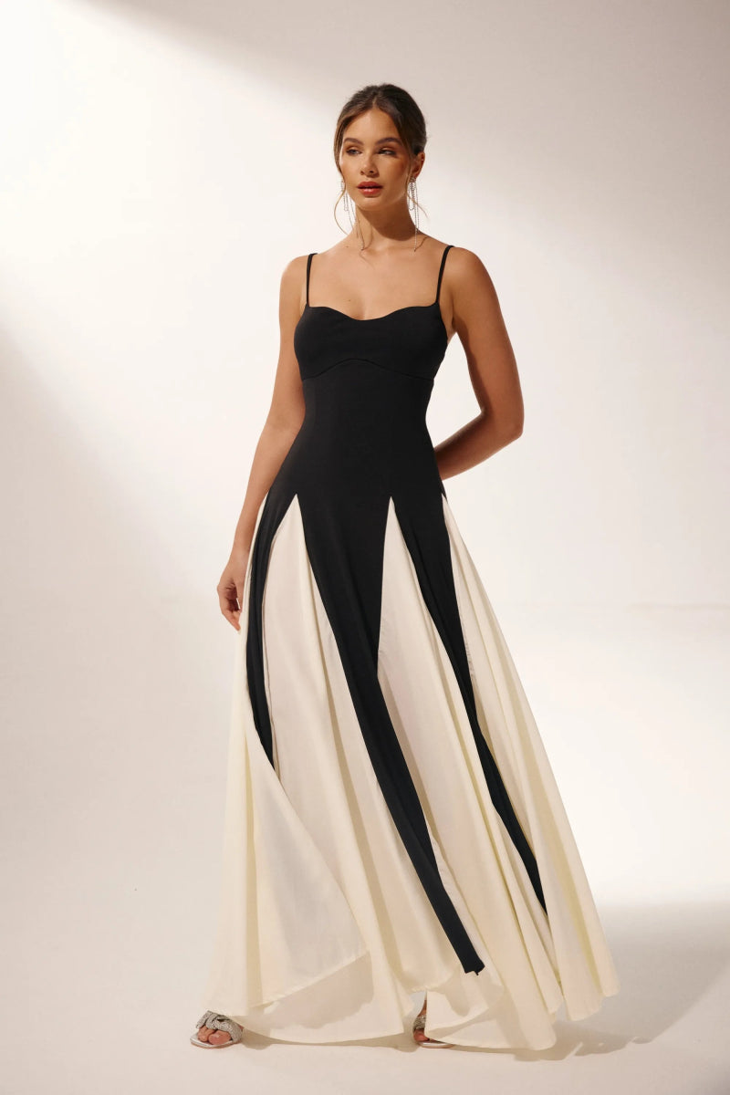 Women’s Two-Tone Evening Dress | Elegant & Dramatic | Flowing Contrast Panel Skirt
