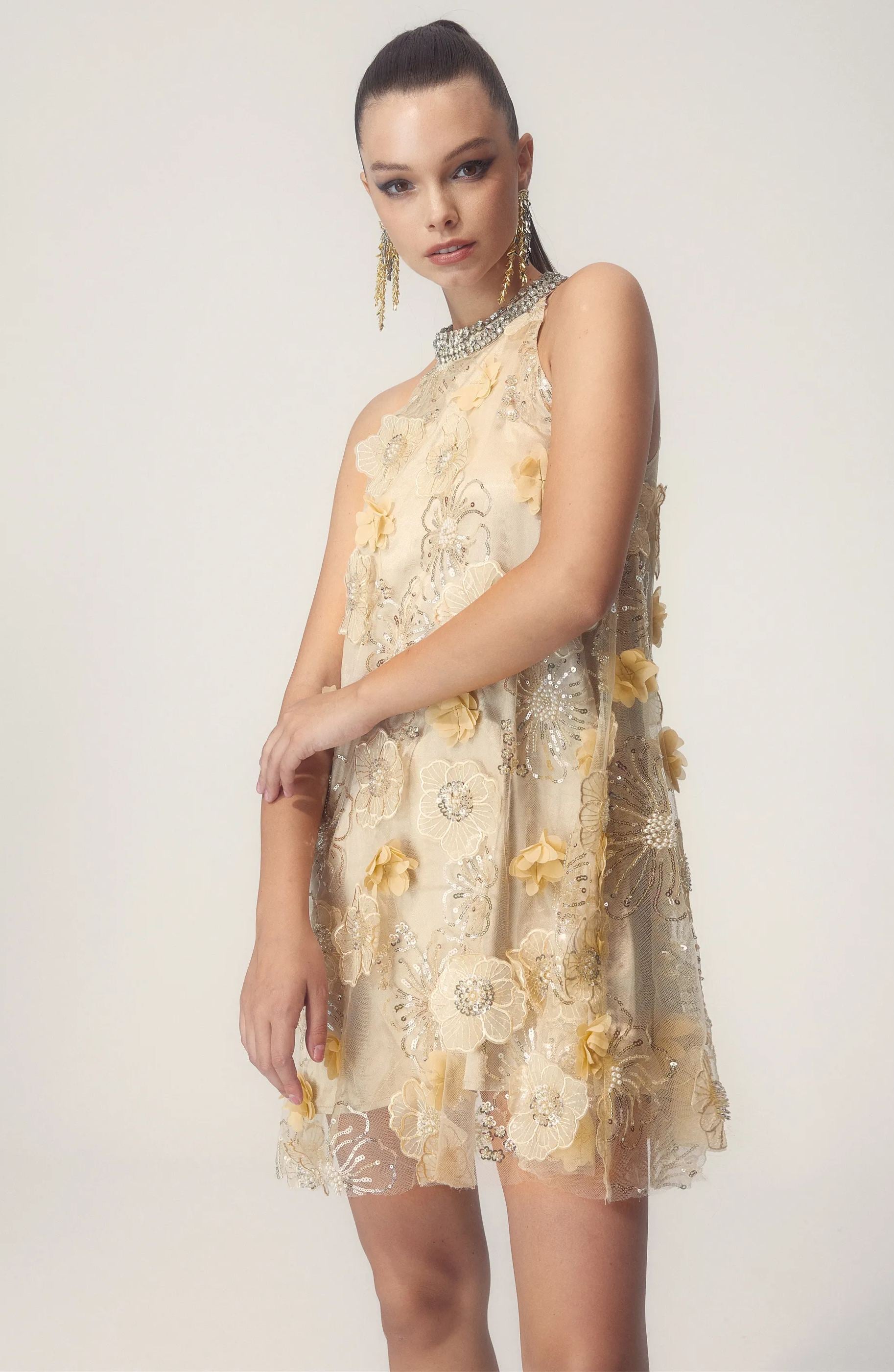 Floral Embellished Halter Mini Dress | Vintage Glamour | 3D Appliqués