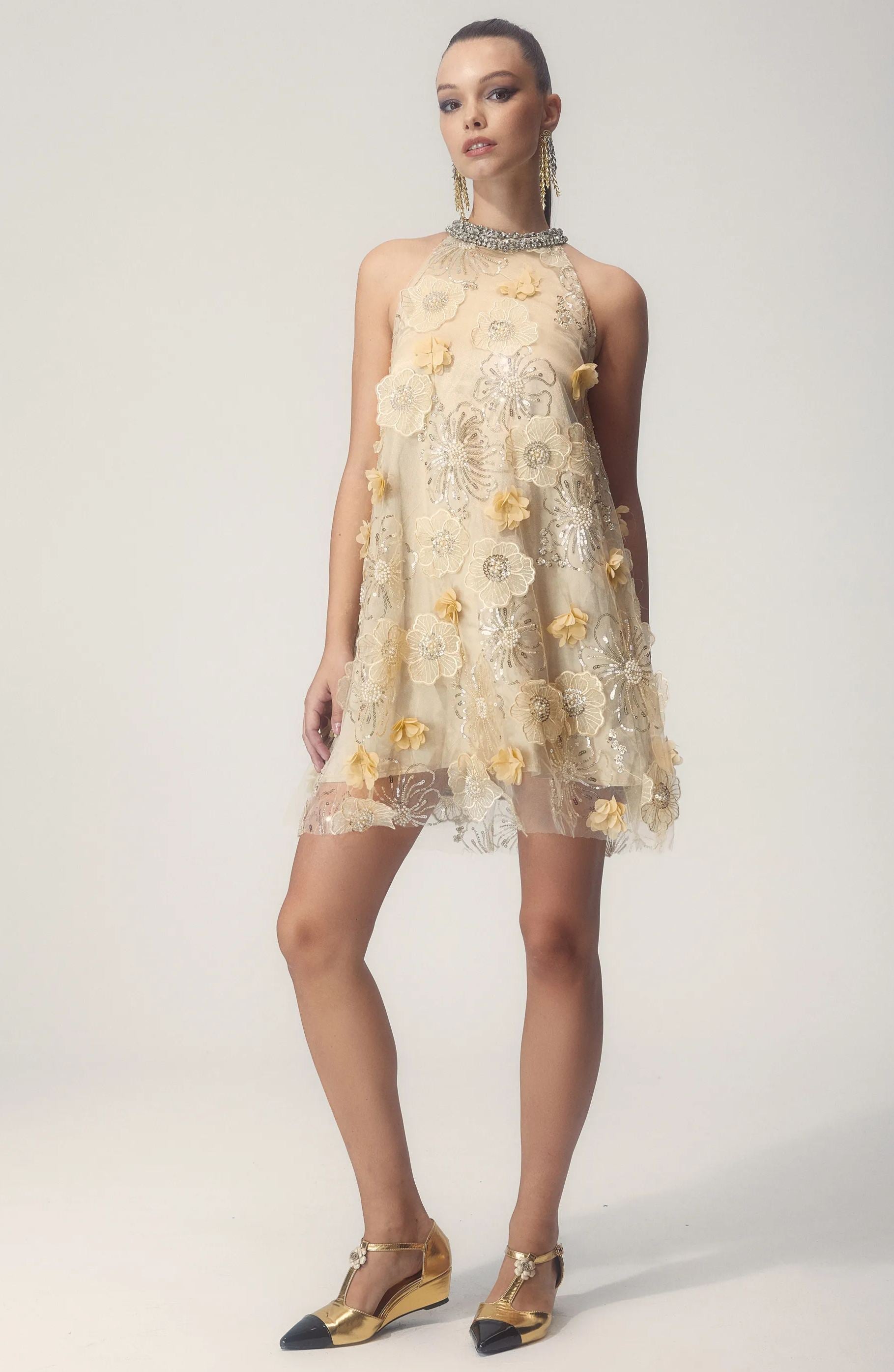 Floral Embellished Halter Mini Dress | Vintage Glamour | 3D Appliqués
