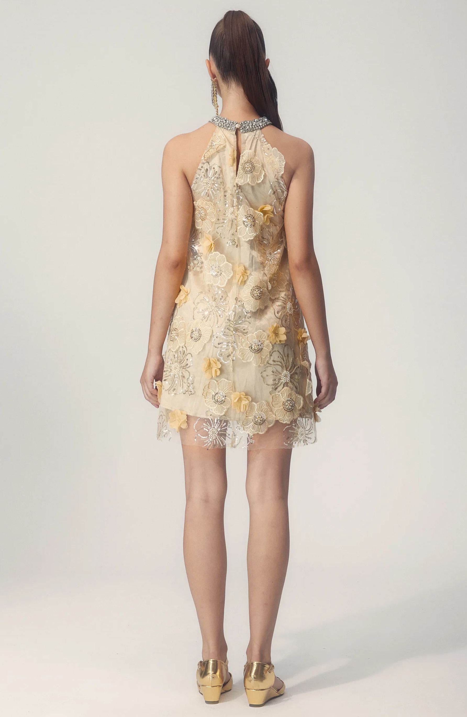 Floral Embellished Halter Mini Dress | Vintage Glamour | 3D Appliqués