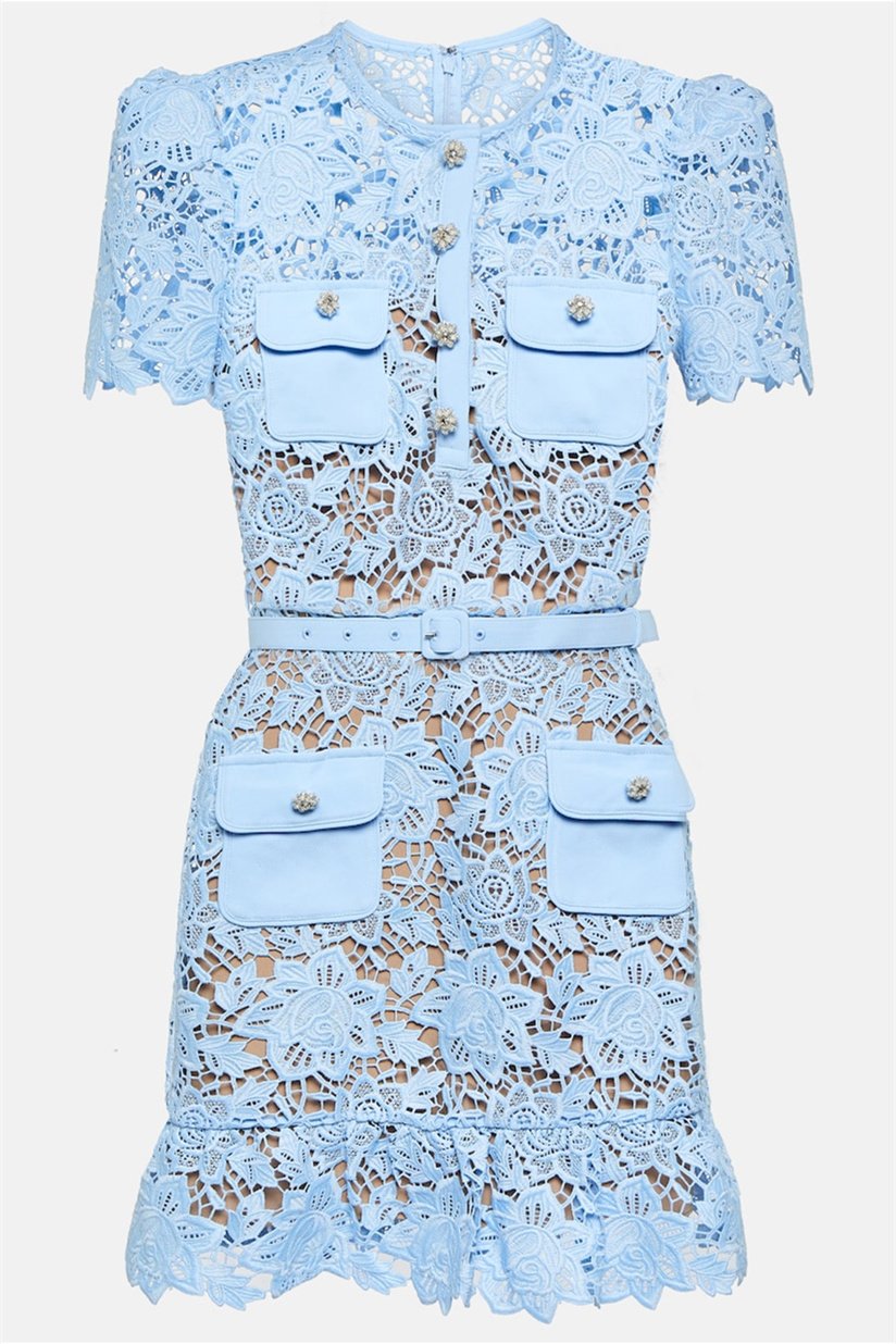 Blue Lace Mini Dress | Puff Sleeves | Elegant & Feminine