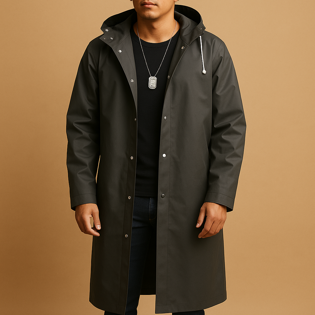 Men’s Longline Raincoat – Hooded Outdoor Coat with Pockets