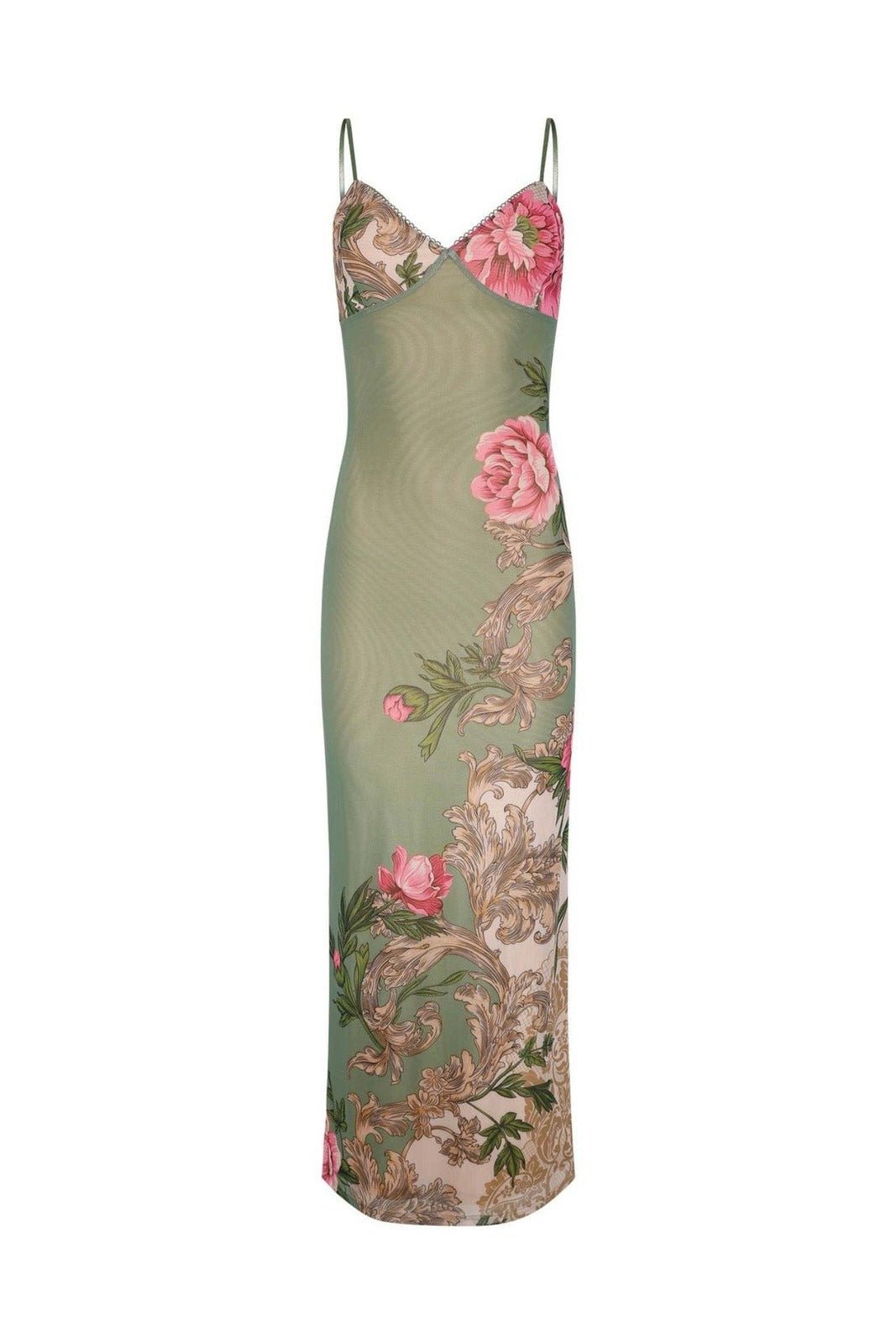 Floral Satin Slip Dress | Green & Pink | Elegant & Figure-Hugging