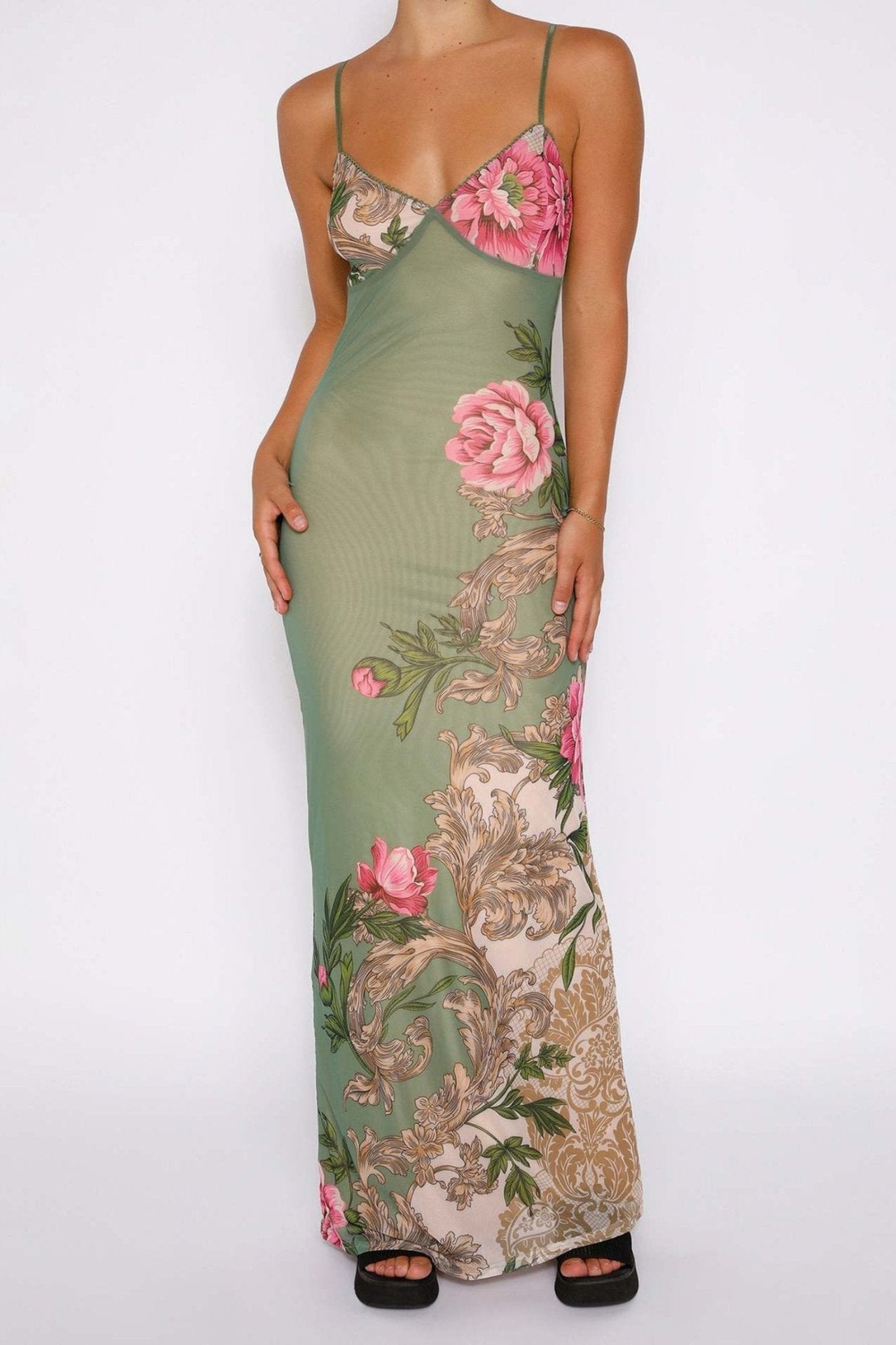 Floral Satin Slip Dress | Green & Pink | Elegant & Figure-Hugging
