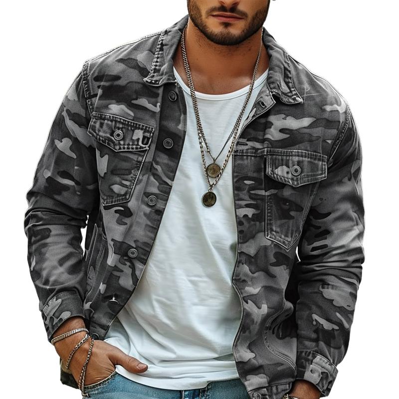 Men's retro jacket with camouflage pattern | Canvas lapels