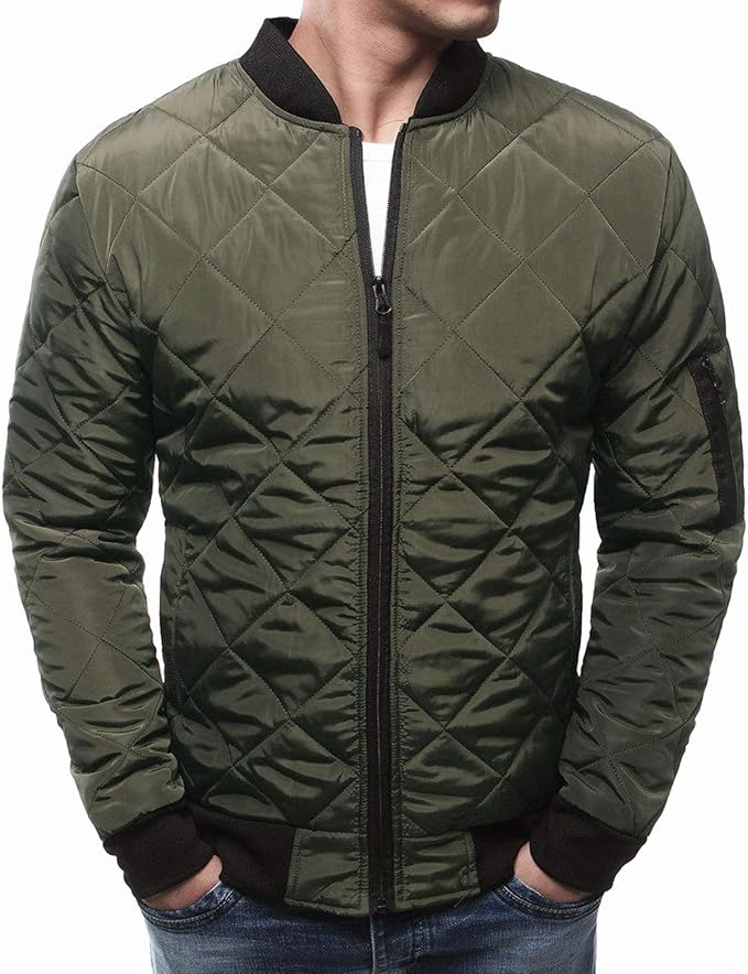 Men's Quilted Bomber Jacket – Baseball Collar with Zip