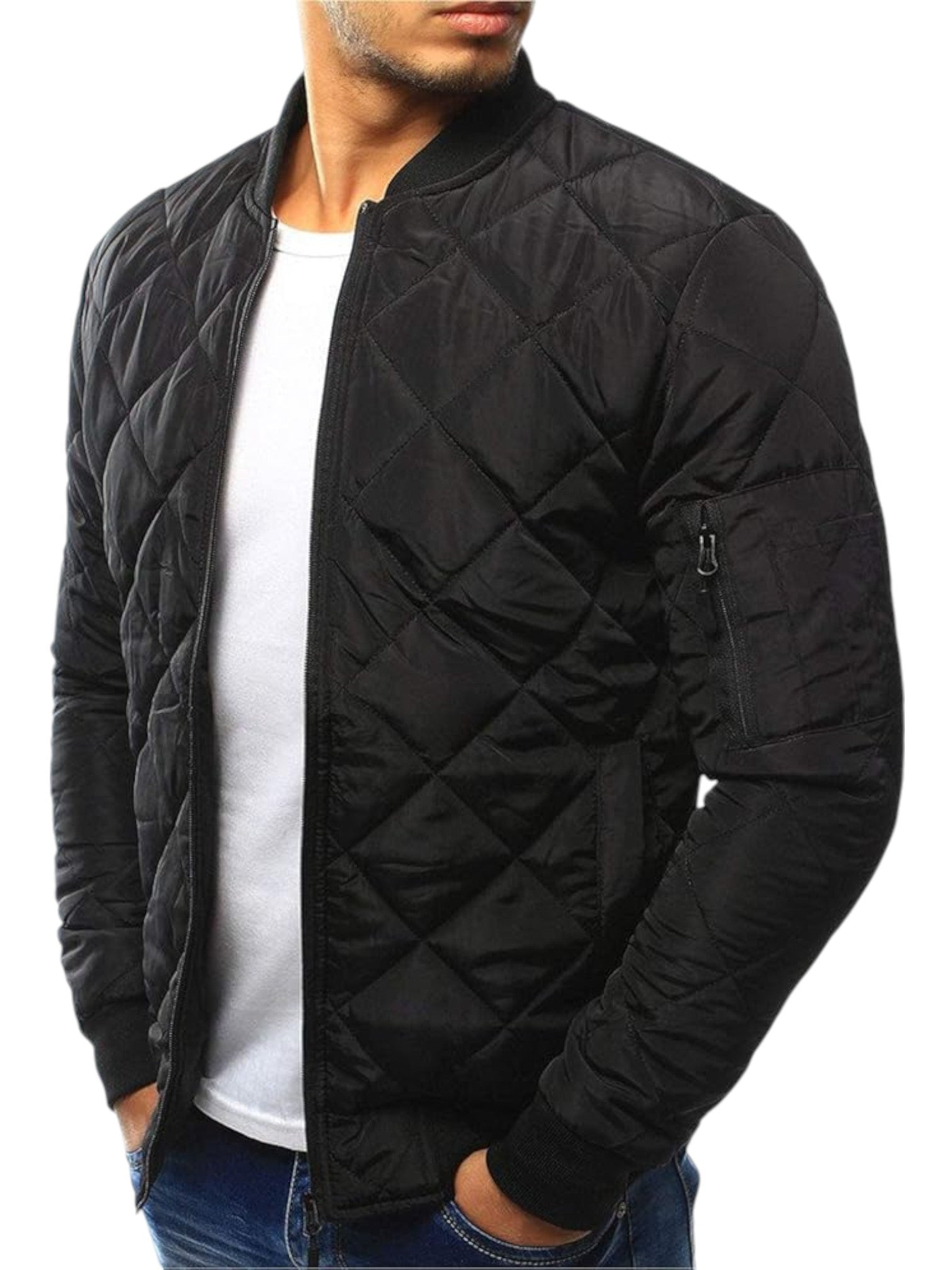 Men's Quilted Bomber Jacket – Baseball Collar with Zip