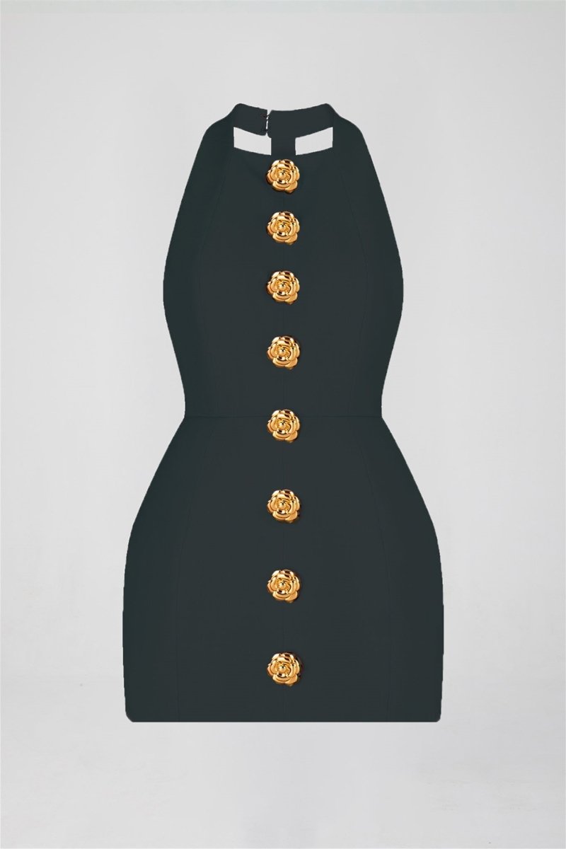 Halter Mini Dress | Elegant | Statement Gold Buttons