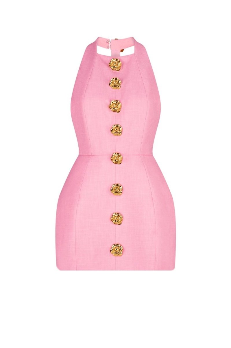 Halter Mini Dress | Elegant | Statement Gold Buttons
