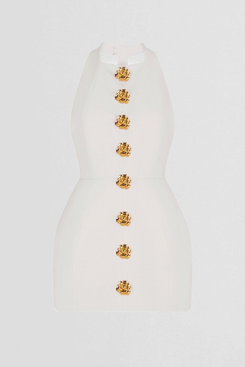 Halter Mini Dress | Elegant | Statement Gold Buttons