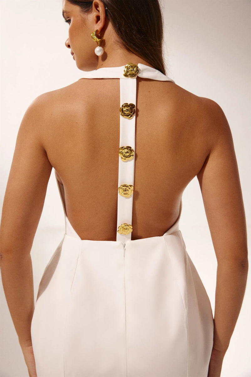 Halter Mini Dress | Elegant | Statement Gold Buttons