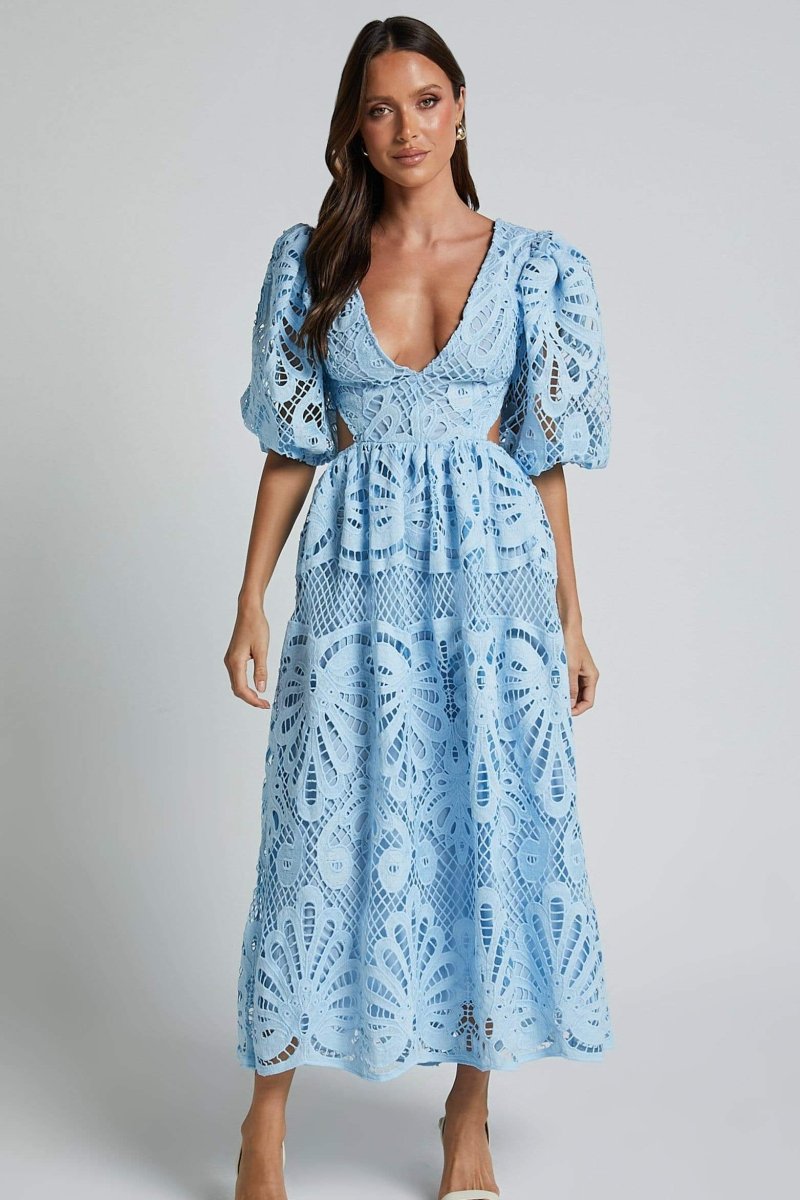 Lace Midi Dress | Elegant & Feminine | Puff Sleeve Detail