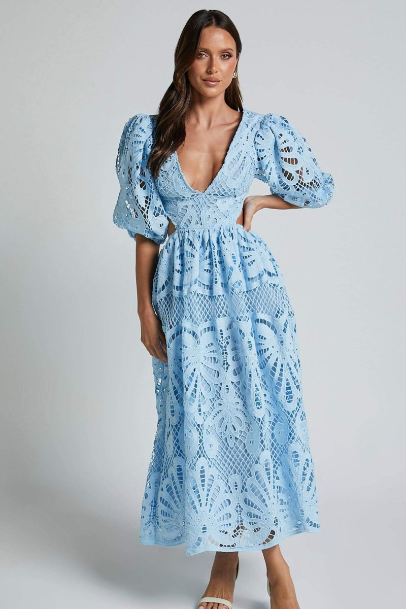 Lace Midi Dress | Elegant & Feminine | Puff Sleeve Detail