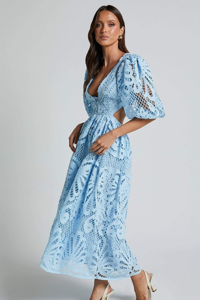 Lace Midi Dress | Elegant & Feminine | Puff Sleeve Detail