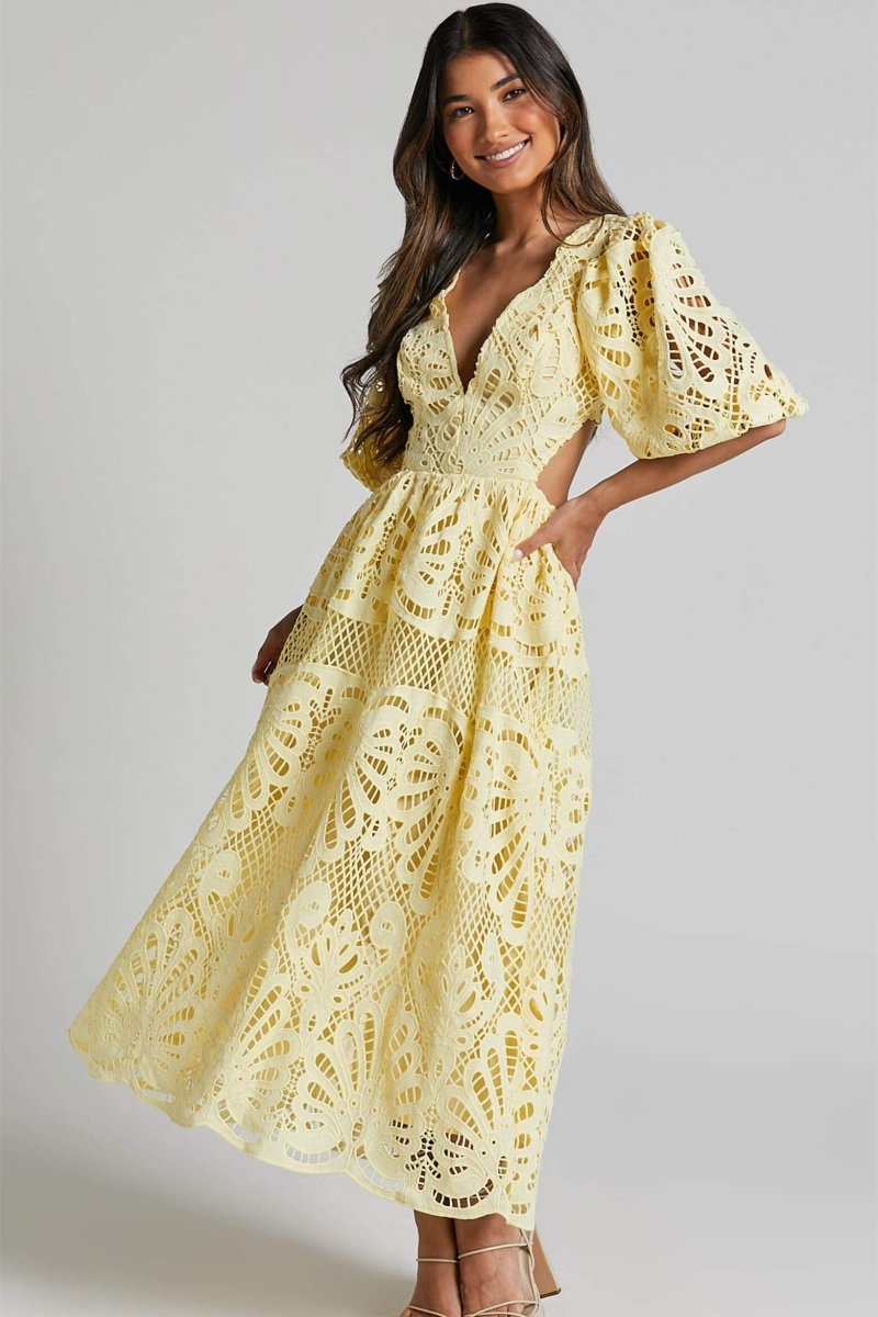 Lace Midi Dress | Elegant & Feminine | Puff Sleeve Detail