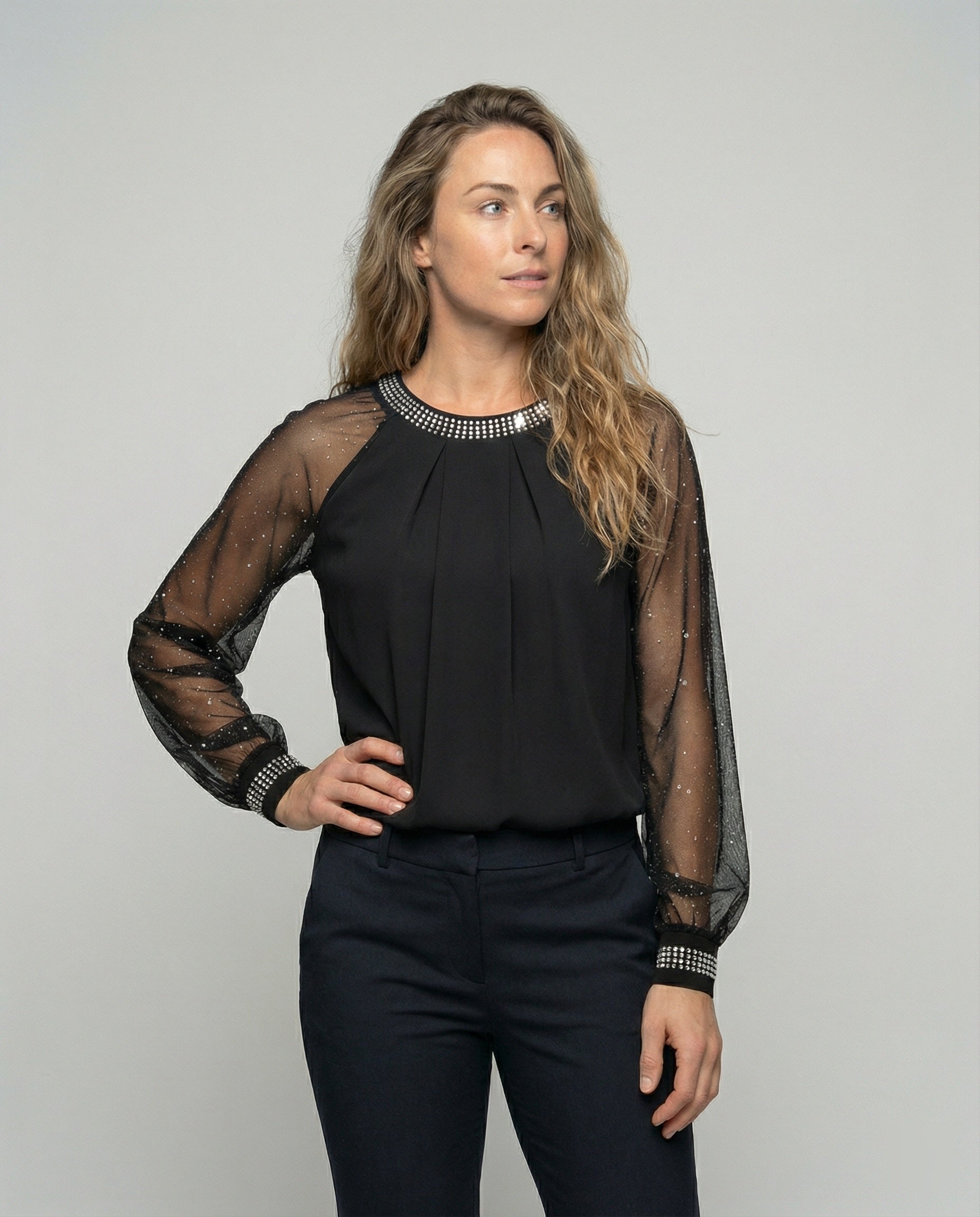 Elisandre - Sequin Mesh Top With Sheer Sleeves