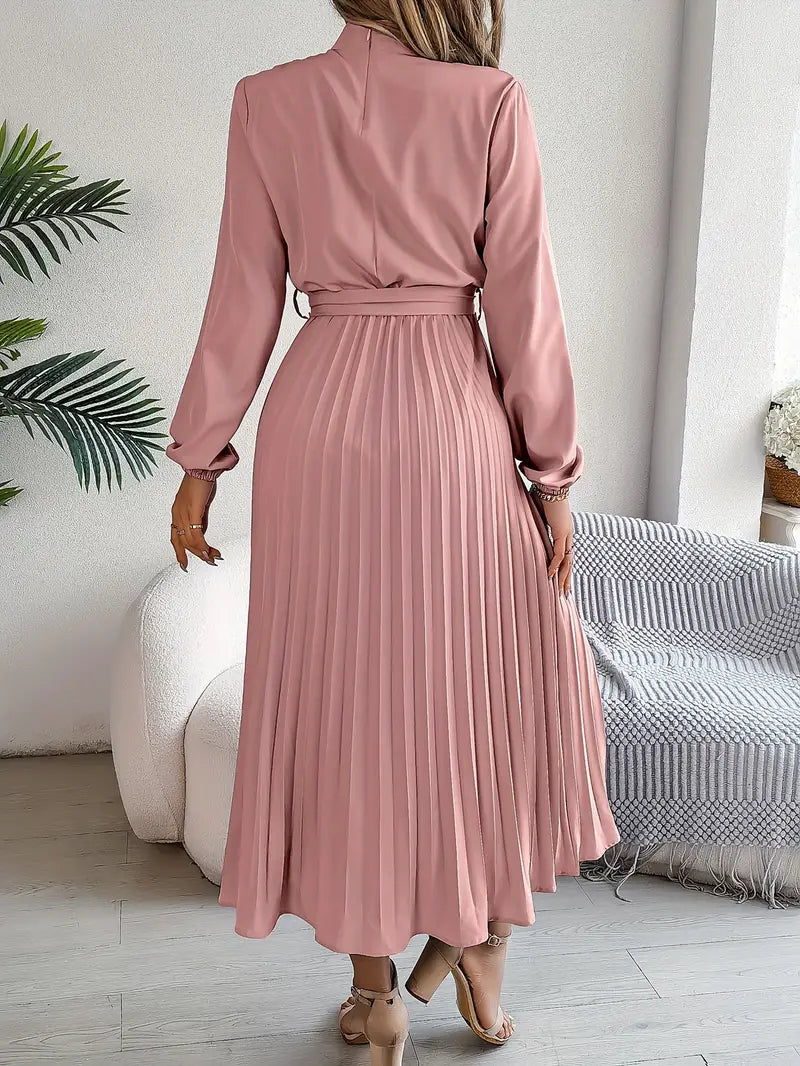 Women’s Pleated Midi Dress – Adjustable Belted Waist