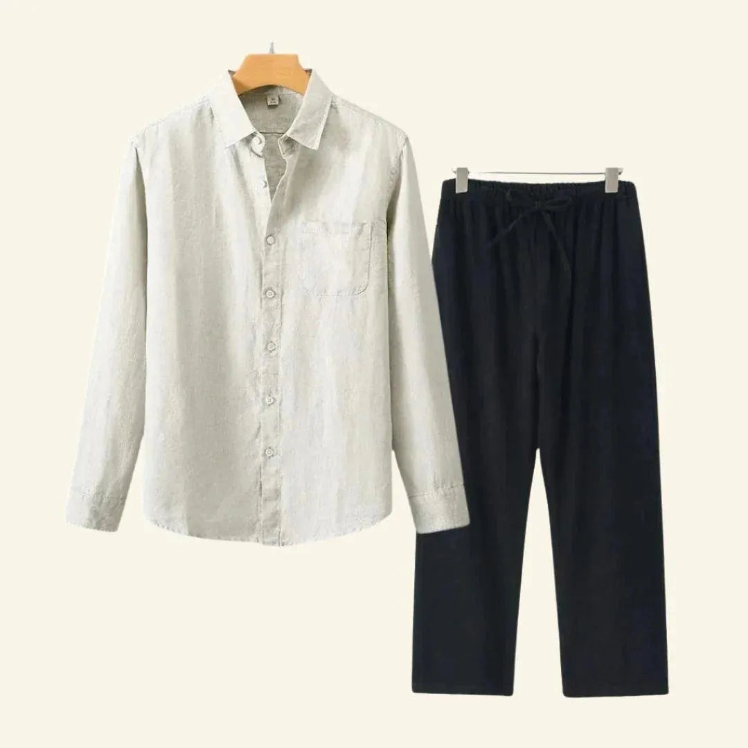 Two-piece men's set – long-sleeved blouse and fitted trousers