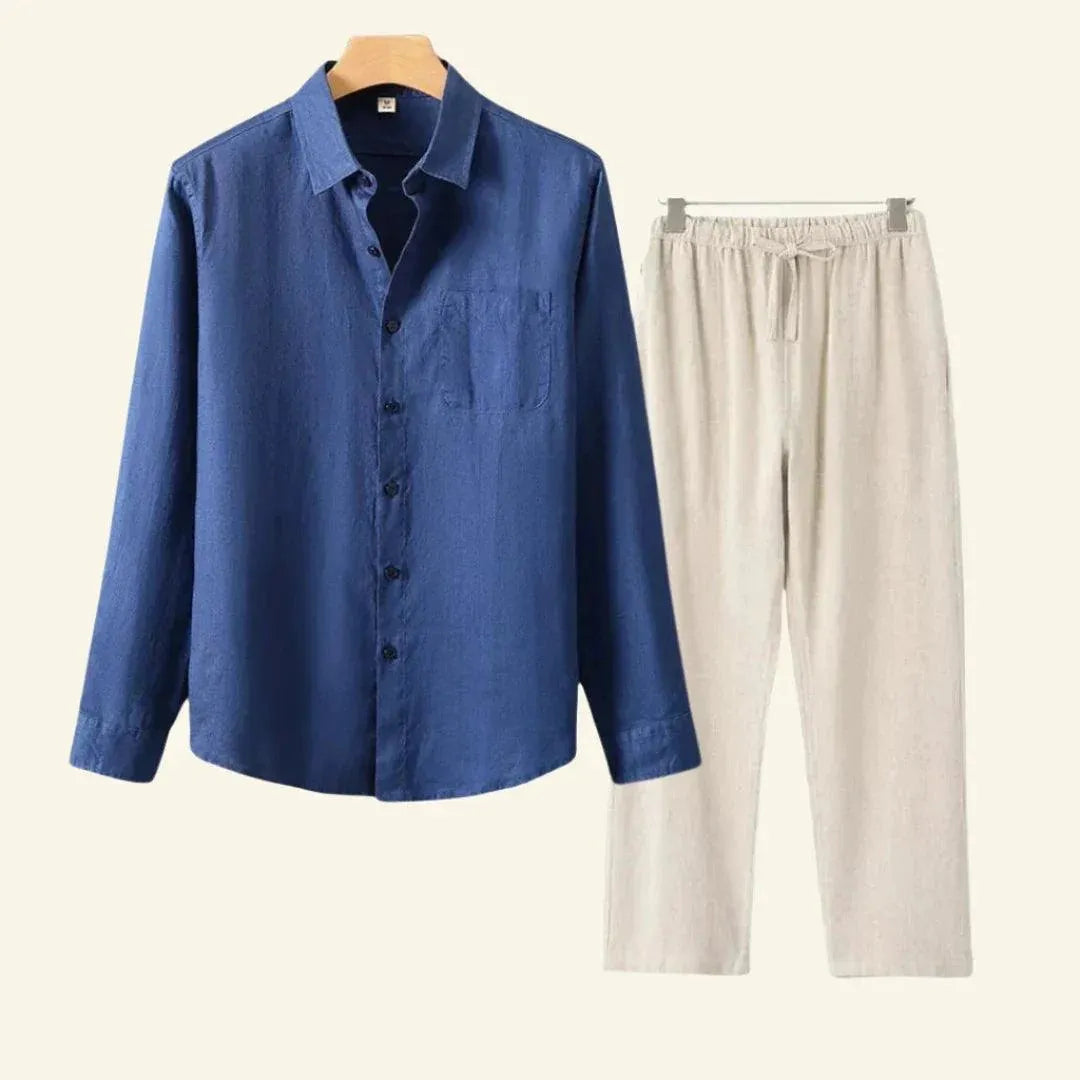 Two-piece men's set – long-sleeved blouse and fitted trousers